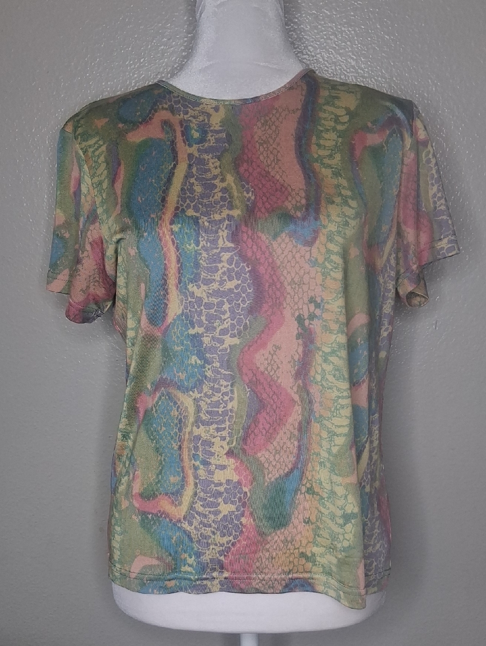 Vtg Lynn Ritchie Y2K Multicolor Snake Abstract Pastel Neon Print Top Sz Large